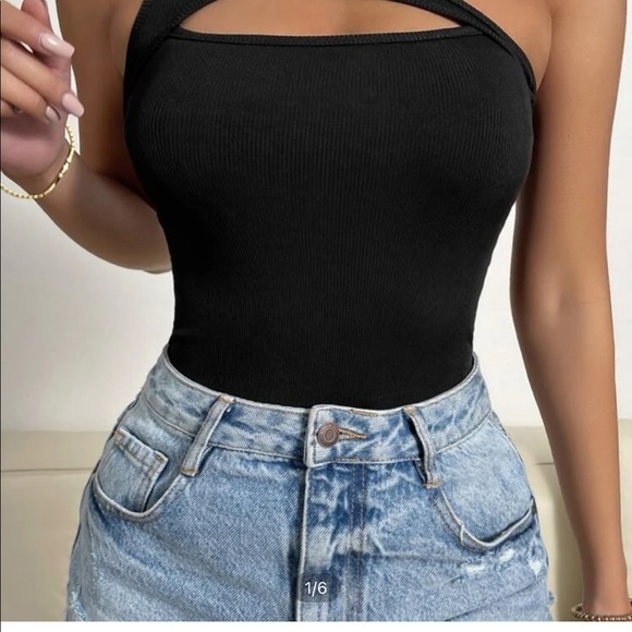 NWOT One Shoulder cut out rib knit body suit black M - Picture 1 of 4